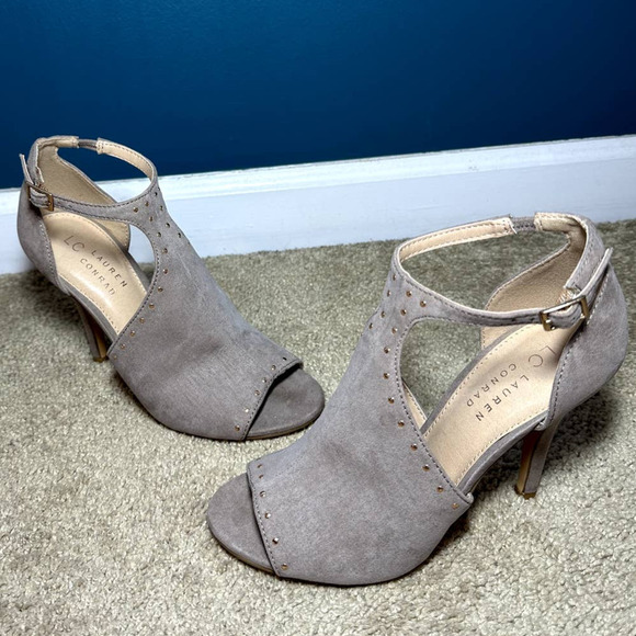LC Lauren Conrad Cannoli Gold Snaps Peep Toe Ankle Strap Stiletto Pumps Taupe 7 - Picture 3 of 8